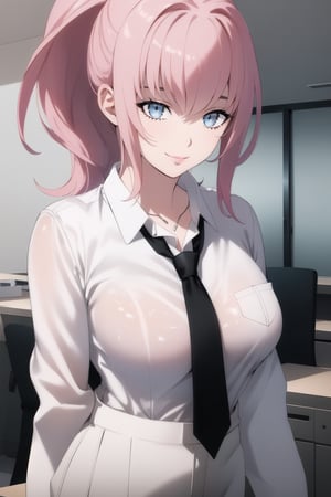 Maria, pink hair, blue eyes, ponytail, (face focus:1.2), breasts, looking at viewer, solo ,high quality, best quality, masterpiece, ultra detailed, 4k, 8k, beautiful, (office background:1.2), light smile,(black necktie:1.1), (White shirt:1.2), (black office pant:1.3),
,maria_synduality_noir,