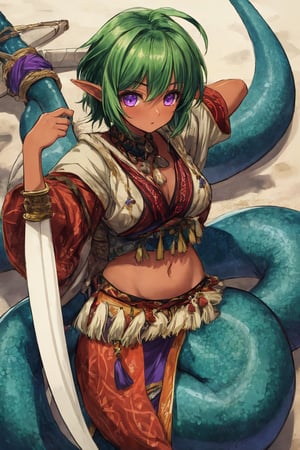 solo female,middle aged female,tan skin,short green hair,purple eyes,Lamiapgr,lamia,tribal outfit,longbow on back,quiver on back,