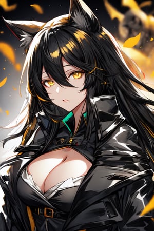 mature female,black coat draped over shoulders,yellow highlights on coat,light glowing from yellow eyes,1 girl,black hair, hair yellow highlights,ramlethal valentine