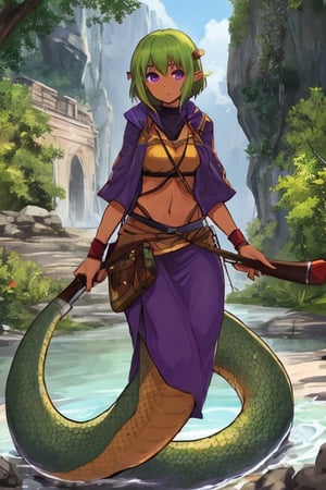 solo female,middle aged female,tan skin,short green hair,purple eyes,Lamiapgr,lamia, adventure gear,longbow and quiver on back,