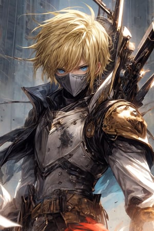 solo male, knight armor, spiky blonde hair,blue eyes,wrenchsmechs,no spikes on amror,