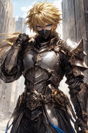 solo male, knight armor, spiky blonde hair,blue eyes,wrenchsmechs