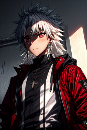 solo male,white hair,red eyes,black shirt, black pants,red jacket,