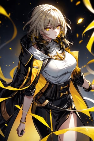 mature female,black coat draped over shoulders,yellow highlights on coat, low cut white t shirt, Short white hair,light glowing from yellow eyes,1 girl,hair black highlights, hair yellow highlights,stelle hsr