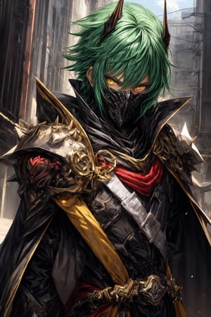 solo male,black knight armor, spiky green hair,yellow eyes,wrenchsmechs,no spikes on amror,cape,