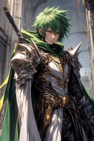 solo male, knight armor, spiky green hair,yellow eyes,wrenchsmechs,no spikes on amror,cape,