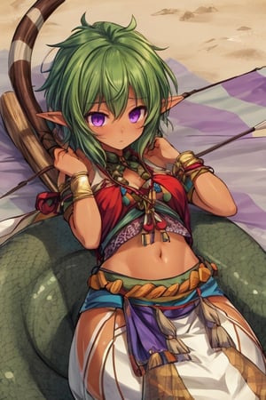 solo female,middle aged female,tan skin,short green hair,purple eyes,Lamiapgr,lamia,tribal outfit,longbow on back,quiver on back,