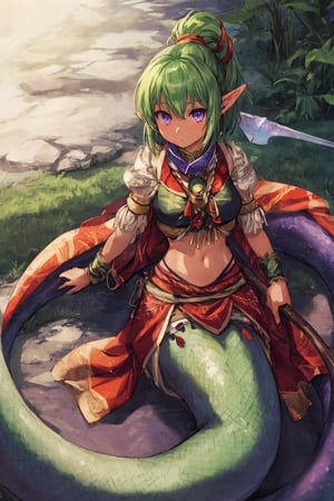 solo female,middle aged female,tan skin,short green hair,purple eyes,Lamiapgr,lamia,tribal outfit,longbow on back,quiver on back,