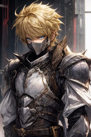 solo male, knight armor, spiky blonde hair,blue eyes,wrenchsmechs,no spikes on amror,