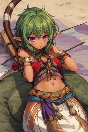 solo female,middle aged female,tan skin,short green hair,purple eyes,Lamiapgr,lamia,tribal outfit,longbow on back,quiver on back,