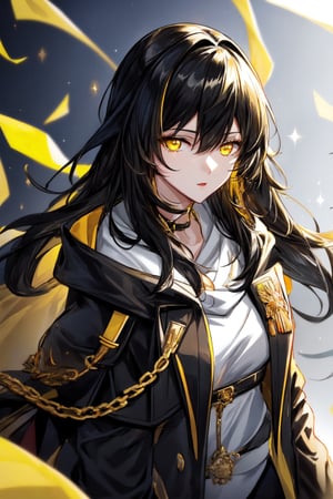 mature female,black coat draped over shoulders,yellow highlights on coat,light glowing from yellow eyes,1 girl,black hair, hair yellow highlights,stelle hsr