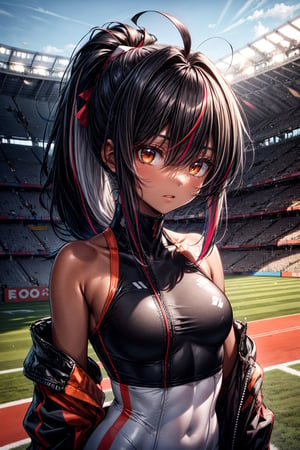 masterpiece, best quality, absurdres,portraitz, juliettebodysuit, juliette, skin tight, cropped jacket,orange eyes,black hair,long hair,long ponytail,multicolored hair,streaked hair,medium breasts,sports stadium outdoors,ahoge,dark tan skin,long headband,