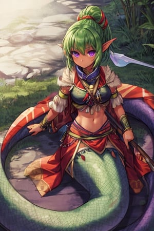 solo female,middle aged female,tan skin,short green hair,purple eyes,Lamiapgr,lamia,tribal outfit,longbow on back,quiver on back,