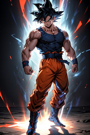 highly detailed, masterpiece, high quality, beautiful, full-body shot, son goku, son goku standing, ultra instinct, aura power, blue sleeveless t-shirt, orange pants, Insane detail in face, serious expression, closed mouth, not so muscular, arms down, charging power, random background, 