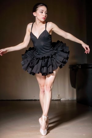 A ballerina in black in a tutu standing on her heels, in the style of ethereal photograms, bold yet graceful, onii kei, jump cuts, photo, sparse and simple, raw and edgy
