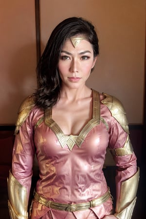 Ancient Japanese Wonder Woman in gold and pink armor,realistic

