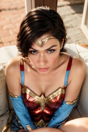 Wonder Woman, pouting, close-up, looking at viewer, shimmering eyes, tiara
