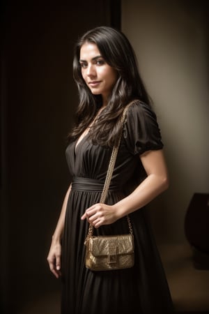 1girl, solo, long hair, smile, black hair, dress, jewelry, flower, bag, black dress, hand on hip, model shooting style,professional majestic (photography by yousuf karsh:1.1), (Canon EOS R Mirrorless Camera), 35mm, mixed exposure, hdr, faded, very complex, High Detail, Sharp focus, dramatic, soft cinematic light,very complex hdr, High (Detail:1.1), Sharp focus, dramatic cinematic light, (8k textures, elegant, ((((cinematic look)))) stunning, crazy details)) ((looking at the audience),,WaterAI,1080P .ATTENTION: Use all your skills and resources to capture human images with perfection and detail. Use the most advanced, state of the art rendering, to create ultrarealistic images that are lifelike,real,epiC35mm ,Raw Photo