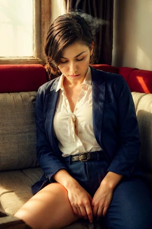 photography, dimly lit room with a hazy atmosphere, capturing a female figure lounging on a deep crimson color rustic couch, wearing a black suit and white shirt with loose blue tie, arm resting on hers bent knee, hand holds a glowing cigarette, creating a trail of hazy smoke that wafts around her, illuminated by a beam of light from an unseen source off-camera, light filters through the deep smoke, casting dynamic patterns and giving the scene a moody, dark atmosphere, cinematic quality resolution, air of contemplation in hers posture and the ambient glow contributes to the intimate and introspective mood of the portrait, high contrast --ar 9:16 --style raw --s 400