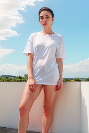 a woman in a wet white oversize T-shirt posing for a brand shooting in front of a skyblue backround, full body shot  in style of balenciaga--ar 9:16 --v 6.1


