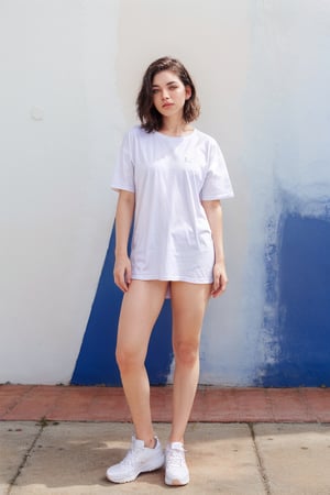 a woman in a white oversize T-shirt posing for a brand shooting in front of a skyblue backround, full body shot --ar 9:16 --v 6.1


