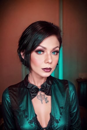 Gothic Neon' style of a gorgeous gothic woman with dark short hair and tattoos, merging the Gothic era's dark, romantic vibes with bright, neon modernity, in deep teal and vibrant hot crimson