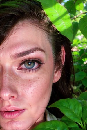 close portrait, A beautiful woman with (bright blue eyes) and freckles, perfect eyes, peeks out from behind green leaves in a closeup portrait, bokeh, (dramatic lighting:1.2), film grain, Fujifilm XT-4
