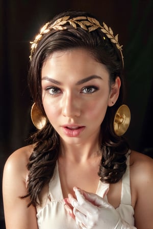 A white marble statue of an attractive woman with a gold laurel wreath in her hair, she is wearing gloves and holding the tip of her tongue out while another hand touches it, black background, hyper realistic photography shot in the style of Canon - EF - S 10mm f/ 3. 8, high dynamic range, contrast, tilt shift, detailed image studio lighting, trending on artstation, smart depth of field, High detail, Sony Alpha a7, ISO 1900, photorealistic, intricate details, 8k, photoshoot --v 5 --upbeta --v 5.1

