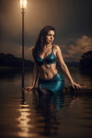 Beautiful mermaid on a lake, wet and dense, mysterious, siren, unholy, creepy, horror, dark, intricate design and details, dramatic lighting, photorealistic, cinematic, 8k --ar 9:16 --v 5