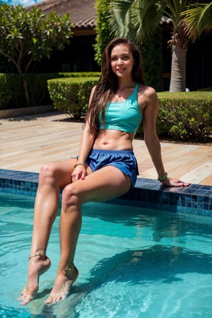 1girl solo long hair brown hair navel sitting outdoors shorts day midriff cloud water tree watch realistic palm tree pool wristwatch poolside 