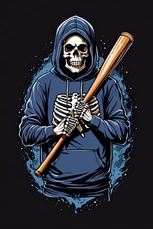 (best quality, 4k, 8k, highres, masterpiece:1.2), ultra-detailed,T-shirt design,illustration, a skeleton in a hoodie holding a baseball bat and wearing a hoodie with a hood,vector illustration,black background