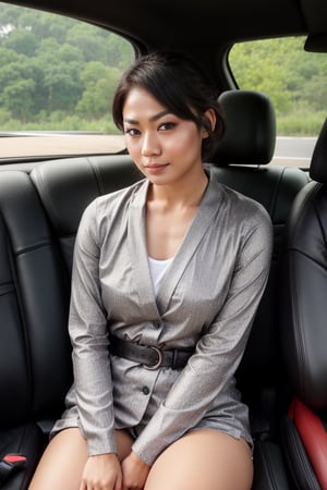 a woman sitting in the back seat of a car, a picture, tumblr, asian nymph bald goddess, Asian, caught in 4 k, dressed in a gray