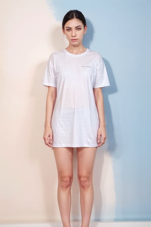 a woman in a white oversize T-shirt posing for a brand shooting in front of a skyblue backround, full body shot  in style of balenciaga--ar 9:16 --v 6.1


