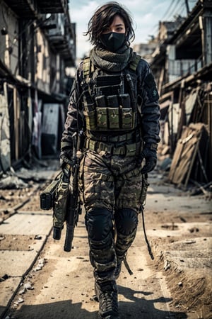 (best quality, 4k, 8k, high resolution, masterpiece: 1.2), highly detailed, hyper-realistic, full_body, an Indonesian military soldier explores the ruins of gaza wearing full tactical gear, walking towards the viewer while looking at the viewer, unique, ray tracing, black hair, short hair, stocky body, athletic, large, plate carrier vest with magazine, Human, full combat gear, combat boots, photo realistic, dynamic lighting, , volumetric lighting, highly detailed facial, 4k, 1man, Indonesia , brown skinned, 5'6" tall, deep shadows, low key, crazy details, perfect eyes, crazy details, high details, crazy details, high details, High details, Color magic, cool tactics