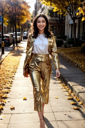 A stunning street photography image captures a confident model striding along a city sidewalk adorned with golden autumn leaves. The model's attire is a harmonious blend of rich, warm tones, with a flowing, leaf-like pattern that mimics nature's grace. The golden hour light illuminates the scene, casting a warm, ethereal glow on the cityscape and the model's radiant smile. The contrasting colors of the falling leaves and the urban backdrop create a mesmerizing visual symphony.
