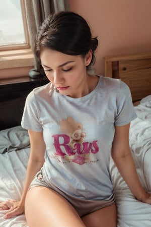 1girl, cum on cloth, , solo, RAW photo, beautiful, RAW photo, subject, 105mm professional photography, 8k uhd, dslr, soft lighting, high quality, film grain, Fujifilm XT3, sexy pose, home, short t-shirt, salva
