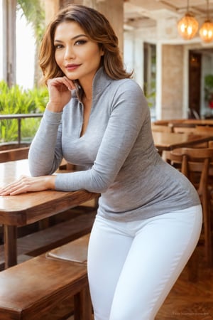 beautiful girl, 46yr, slender, slim waist, shy smile, dark Green eyes, suggestive look, long brunete hair, dark makeup, medium breast, wet messy hair, (Grey tight pull-over, white Denim pants),
in a restaurant,Indonesian mix polish woman
hyperdetailed photography, soft light, portrait, full body view, looking at the viewer, flirting with the viewer,tamara