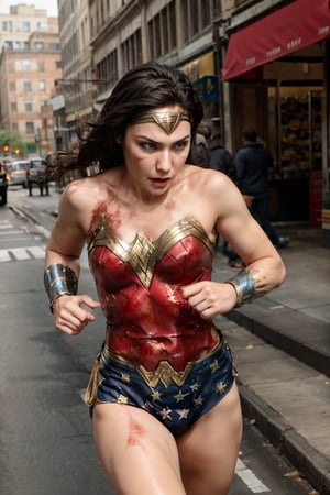 wonder woman, fighting monsters, broken skin, bleeding, looking exhausted, running, in the middle of the city,
