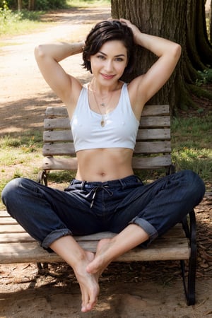     1girl, solo, looking at viewer, smile, short hair, black hair, navel, brown eyes, jewelry, sitting, outdoors, barefoot, midriff, pants, armpits, necklace, arm up, feet, tree, toes, soles, realistic, bench, stretching, photo background, park
