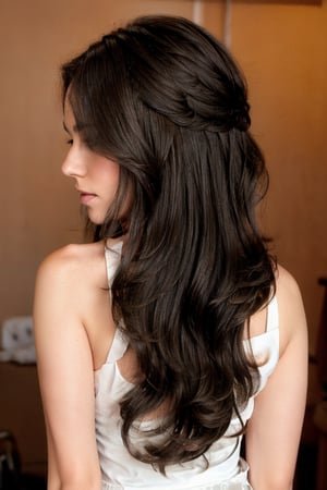 Long-length haircut with large, pronounced layers only at the top and around the face, featuring voluminous, wavy hair cascading down to the mid-back. The top and face-framing layers are short and bold, creating visible steps, while the rest of the hair remains long and flowing with soft, natural waves. The hair length extends to the mid-back, with a textured finish and subtle highlights that add dimension. This is a long hairstyle with dramatic layers at the top and around the face, while the rest of the hair flows naturally in long waves.
.Camera: Fujifilm GFX 50S Lighting: Reflector Photographer: Steven Klein Photo Concept: Edgy and Raw
