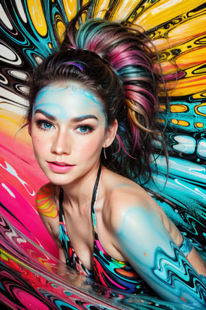 Young woman in the style of neon hallucinations, airbrush art, fluid figures, light red and blue, bold figuration
