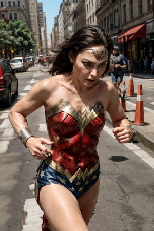 wonder woman, fighting monsters, broken skin, bleeding, looking exhausted, running, in the middle of the city,
