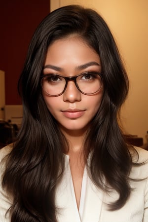 1girl, solo, looking at viewer, black hair, closed mouth, glasses, mole, lips, portrait, realistic