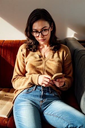 woman in oversized round glasses, knitted sweater, flared jeans, reclining on orange corduroy couch, reading old worn-out book, calm thoughtful expression, retro decor, shag carpet, lava lamp, patterned curtains, warm dim light, deep shadows, glass of iced tea reflecting TV light, 1970s Retro, earthy tones, ultra-detailed, 4K, texture focus on couch, sweater, light and shadows

