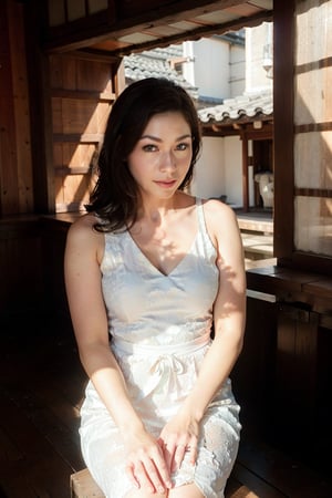 A breathtaking image of a beautiful japanese princess in resplendent attire, hiding within the walls of an ancient japan temple, surrounded by intricate carvings and designs. The dappled sunlight filters through the openings in the temple's roof, casting ethereal patterns of light and shadows on her face and the surroundings. Photographed with a Canon EOS R5 and a 24 - 70mm f/ 2. 8 lens, aperture f/ 4, ISO 200, shutter speed 1/ 80 sec.
