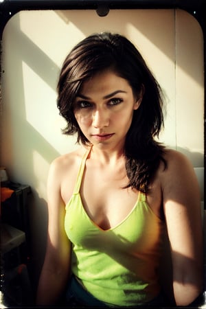 A minimal photo of the Woman neon green with orange details in the background, dramatic lighting, soft light, light projection in the background, grain, in the style of instant film, Ilford XP2 Super, color negative film, add noise, saturated image
