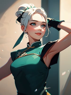 jett (valorant), 3dmm style, (smiled shyly), 1girl, jett, hair twirling, hair tucking, white hair, in bedroom, asian, (masterpiece, best quality, ultra-detailed, best shadow), (beautiful detailed face,), ((cheongsam dress, hold a fan)), chinese style, upper body, medium breasts, fingerless gloves,jett \(valorant\), looking at viewer