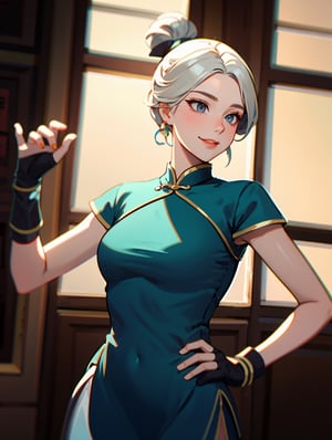 jett (valorant), 3dmm style, (smiled shyly), 1girl, jett, hair twirling, hair tucking, white hair, in bedroom, asian, (masterpiece, best quality, ultra-detailed, best shadow), (beautiful detailed face,), ((cheongsam dress, hold a fan)), chinese style, upper body, medium breasts, fingerless gloves,jett \(valorant\)