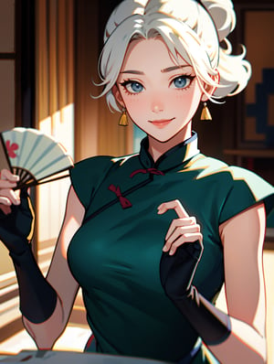 jett (valorant), 3dmm style, (smiled shyly), 1girl, jett, hair twirling, hair tucking, white hair, in bedroom, asian, (masterpiece, best quality, ultra-detailed, best shadow), (beautiful detailed face,), ((cheongsam dress, hold a fan)), chinese style, upper body, medium breasts, fingerless gloves,jett \(valorant\), looking at viewer