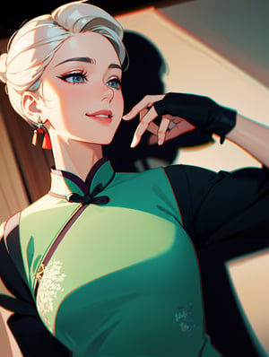 jett (valorant), 3dmm style, (smiled shyly), 1girl, jett, hair twirling, hair tucking, white hair, in bedroom, asian, (masterpiece, best quality, ultra-detailed, best shadow), (beautiful detailed face,), ((cheongsam dress, hold a fan)), chinese style, upper body, medium breasts, fingerless gloves,jett \(valorant\), looking at viewer